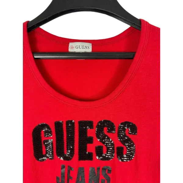 VTG 90s 2000s Y2K Red Cap Sleeve Guess Embellished Beaded Logo Tee Top S - Image 3