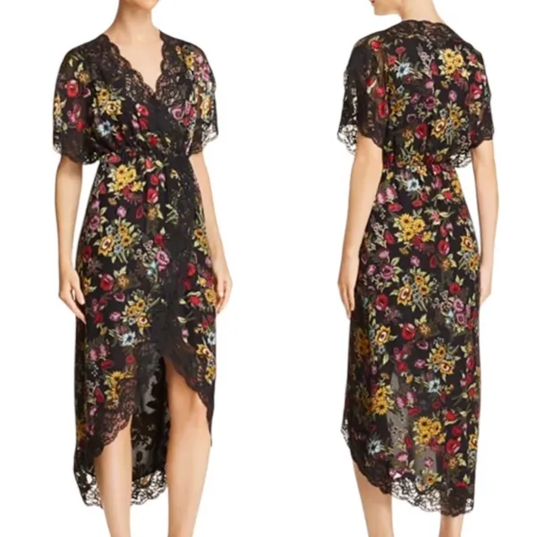 Alice + Olivia Adele Floral Wrap Midi Dress with Lace Trim Black Size 2 - Image 4
