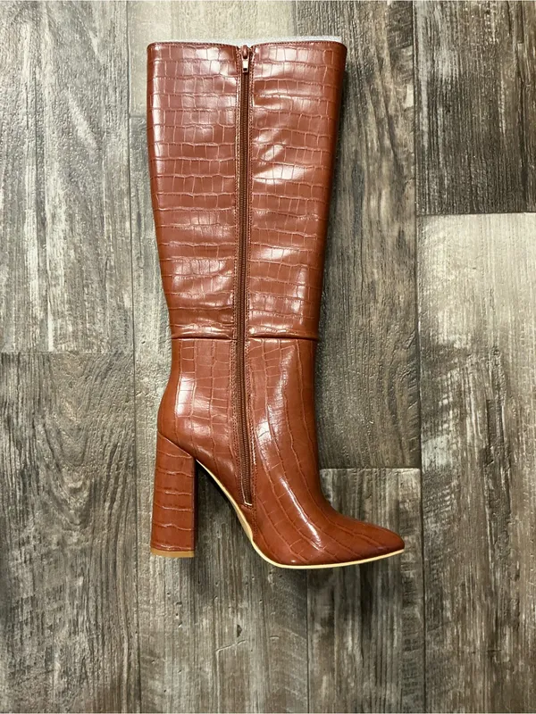 Nasty Gal Croc-Embossed Knee Boots - Chestnut Brown Size 6 - Image 5