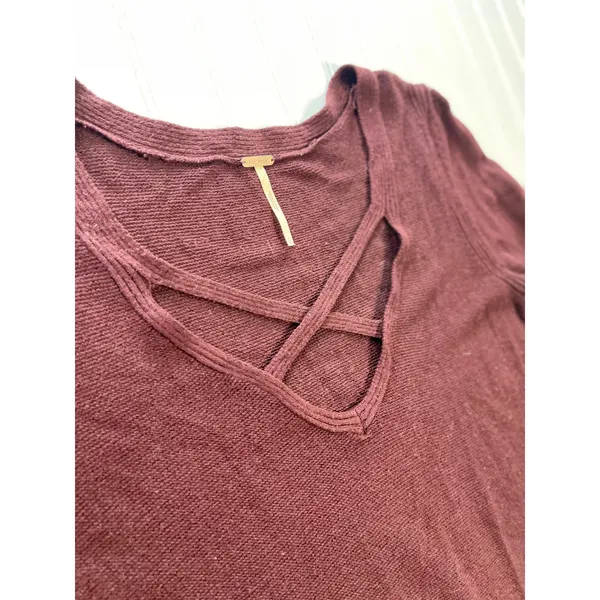 Free‎ People Andy Midnight Tunic Sweater Burgundy Crisscross V-Neck Ribbed Large - Image 6