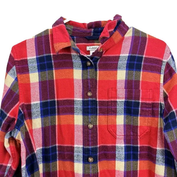 LL Bean Womens Red Blue Plaid Organic Cotton Flannel Button Shirt Size Medium - Image 4