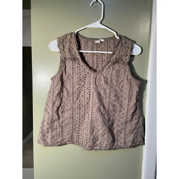 Joie Womens Size Small Eyelet Lace Sleeveless Top Light Brown V-Neck Boxy Cotton - Image 3