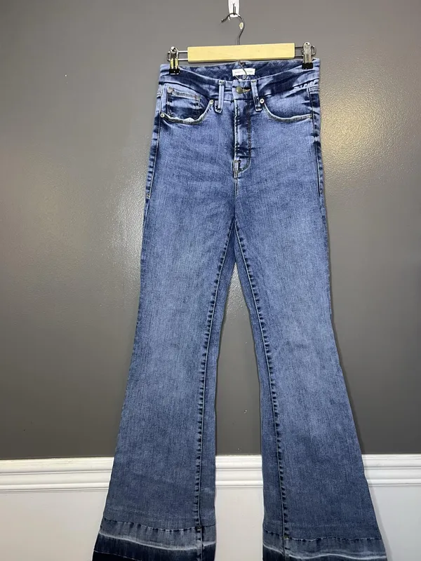 Good American Good Legs Flare Jeans Womens 6/28 Medium Wash Frayed Hem Denim - Image 2