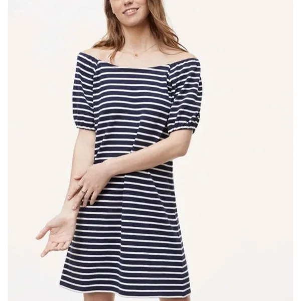LOFT M Blue Striped Puff Sleeve Shift Knit‎ Dress Mini Nautical Coastal Preppy - Image 2