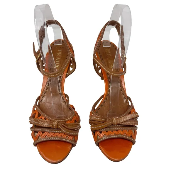 Prada Vintage Y2K Leather Strappy Sandals Zigzag Bow Cognac 38.5 - Image 2