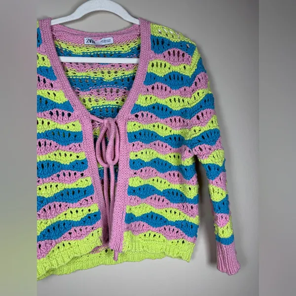Zara Chunky Crochet Striped Front Tie Cardigan Retro Boxy Vibrant Y2K Sz M - Image 13