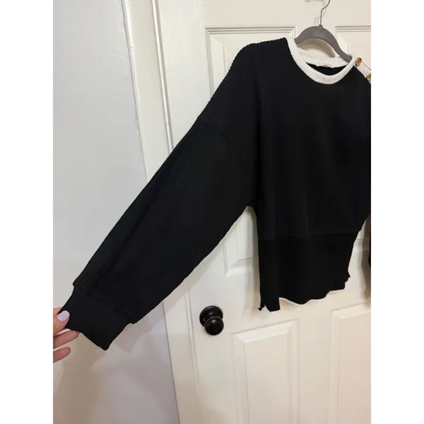 Zara Black White Ribbed‎ Knit Button Shoulder Sweater Womens Large Nautical Crew - Image 6