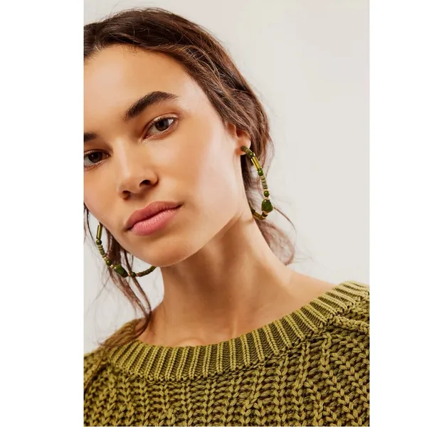 Free People Bom Bom Island Beaded Bohemian Half Hoops in Green NWT Beach - Image 2