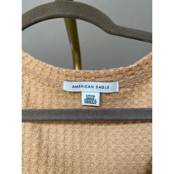 American Eagle Waffle Knit Top Camel Ling Sleeve Lounge Neutral Elevated Basic S - Image 4