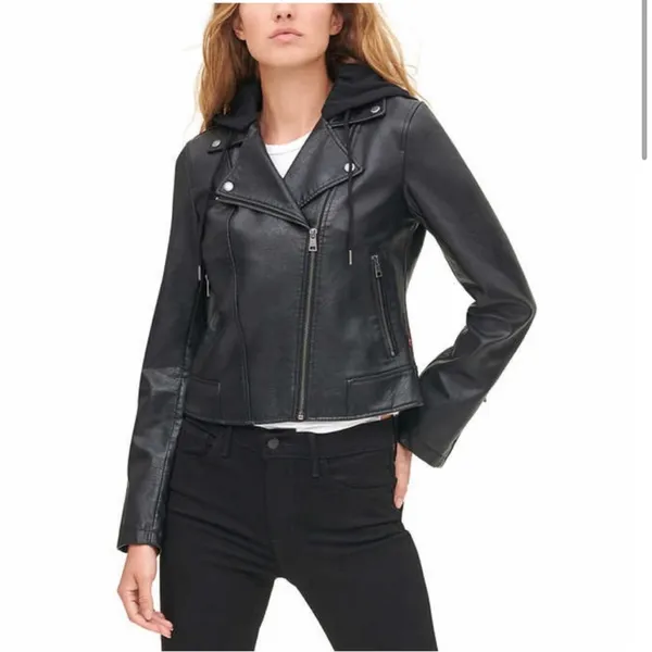 Levi’s Faux Leather Moto Jacket with Hood Size Small - Image 4
