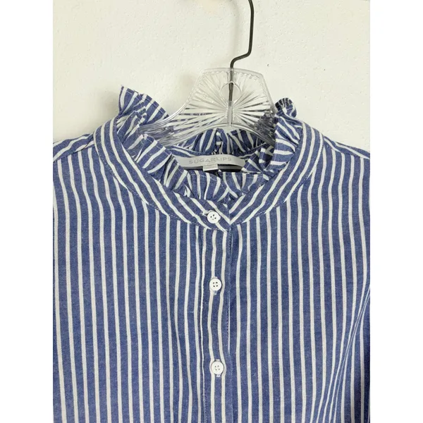 Sugarlips Button Down Shirt Blue White Striped Ruffle Neck Puff Sleeve Large - Image 2