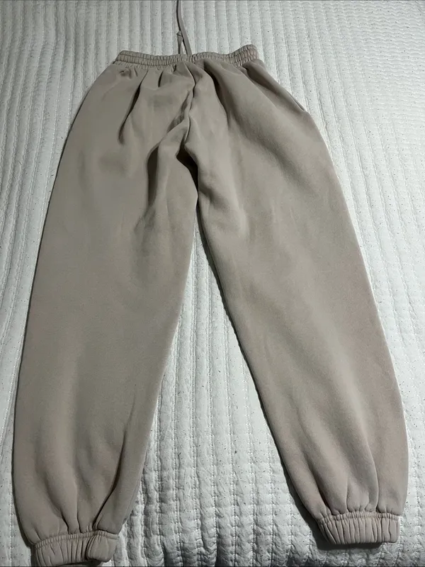 White Fox Boutique Beige Sweatpants with Light Blue Logo - Image 3