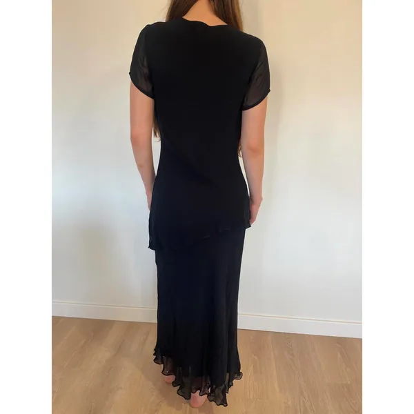 Vintage Tiered Black Mesh Lettuce Trim Floral Sparkly Maxi Dress - Image 7