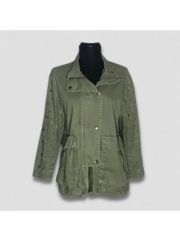 Zara green jacket cargo parka edgy studs relaxed snap boho rocker grunge punk 12 - Image 2