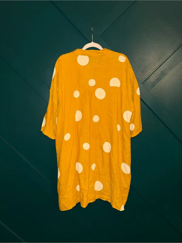 Linen Mustard Yellow Polka Dot Button Front Shirt Dress Tunic Boho Pockets XL - Image 3