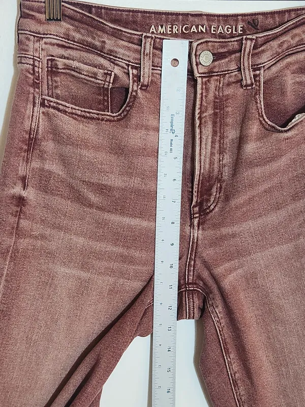 American Eagle Burgundy Pink Dyed Distressed Jeans Size 8 Long - Image 9