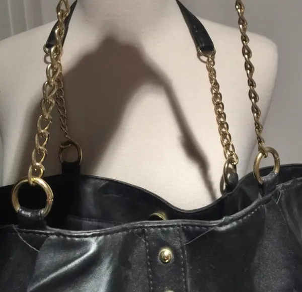 Designer Shoe Warehouse Black Faux Leather Ruffled Shoulder Tote Bag + Matching Pouch - Image 10