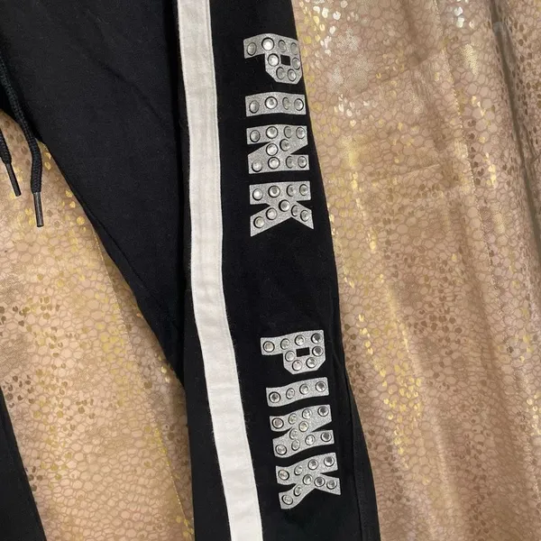 PINK Victorias Secret Black White Rhinestone Bling Joggers, Medium - Image 2