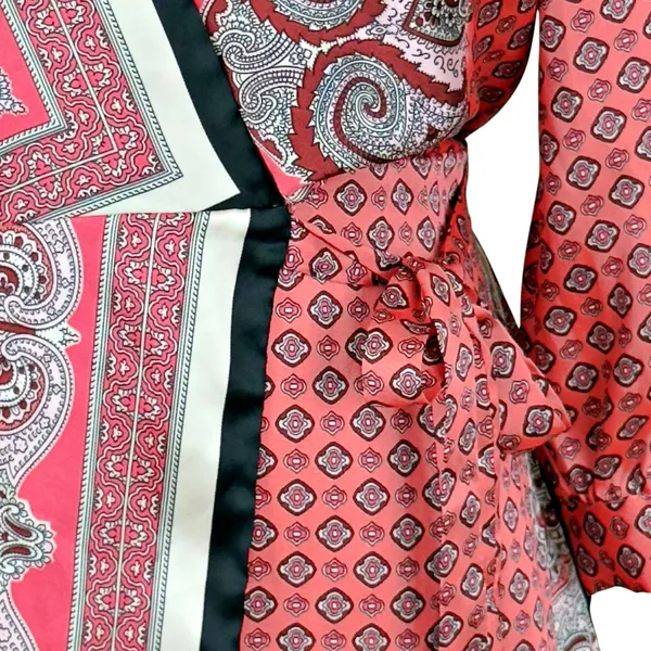 Zara Kimono Wrap Dress MEDIUM Tie Pink Black Paisley Silky 3/4 Sleeve - Image 4