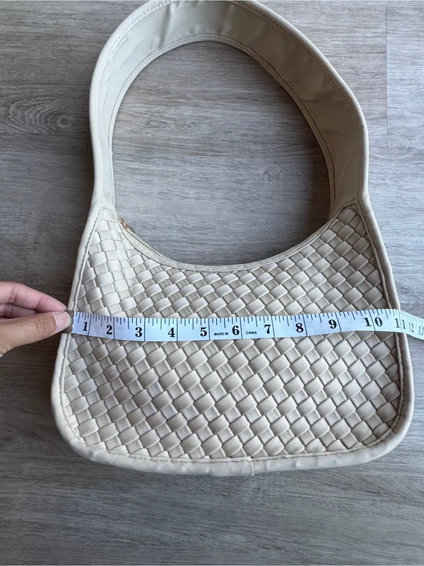 Anthropologie woven neoprene shoulder bag zip neutral beige nylon purse - Image 4