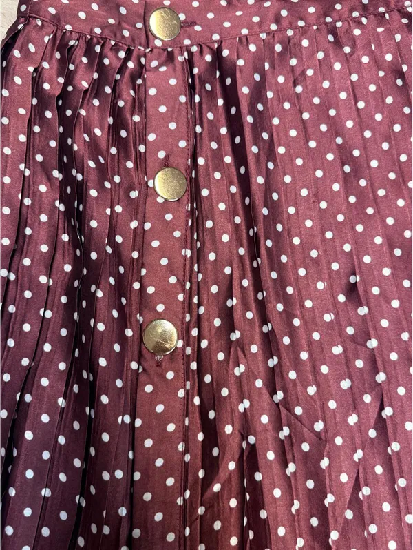 NWT Zara size X-Small Satin Wine White Polka Dot Flowy Pleated Midi Skirt - Image 3