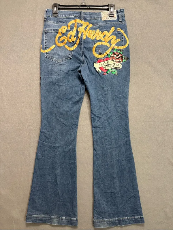 Ed Hardy Blue Flare Jeans with Colorful 'True Love' Embroidery 30 Y2K Grunge - Image 2