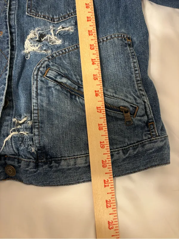 Lauren Jeans Co Ralph Lauren Distressed Denim Jacket Large Zip Pocket Trucker - Image 4