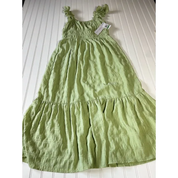 Kingston Grey Sage Green Ruffle Smocked Tiered Midi Dress Cottagecore Boho Large - Image 2