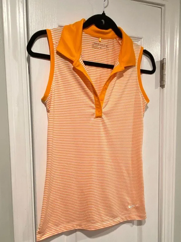 Nike Dri Fit Gold Size XS Sleeveless V Neck Collared Athletic Top Orange Stripes - Image 3