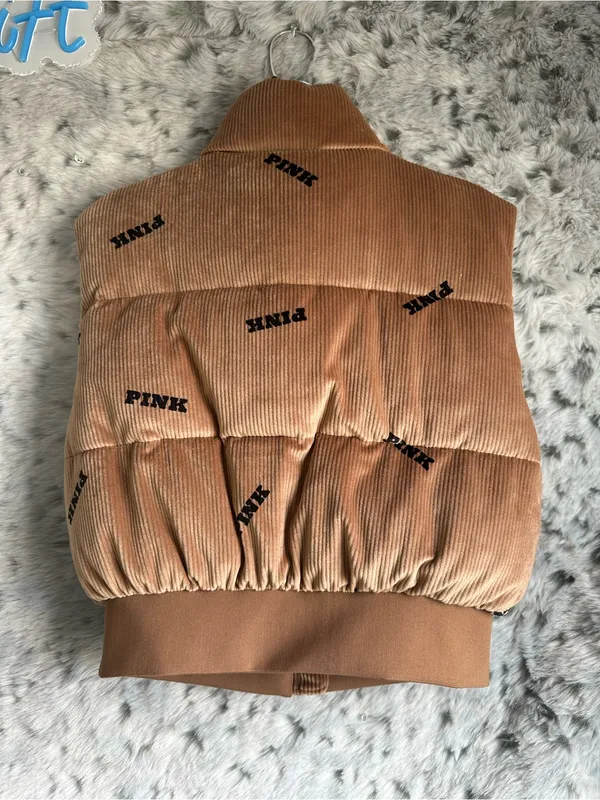 665. Victoria's Secret Pink Velour Crop Puffer Vest Color Caramel small - Image 2