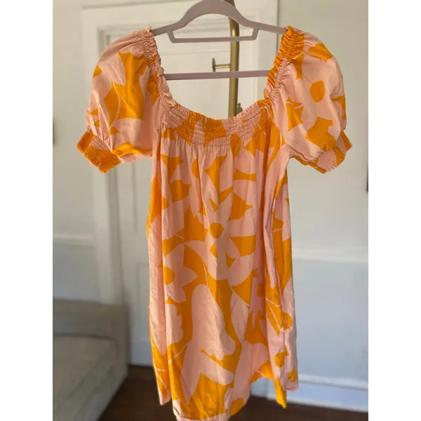 Free People Mila Floral Mini Dress S Boho‎ Puff Sleeve Smocked Pink Orange Beach - Image 5