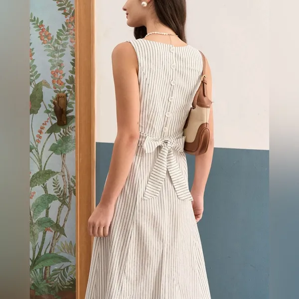 Rihoas White Square Neck Striped Midi Dress Size L - Image 3