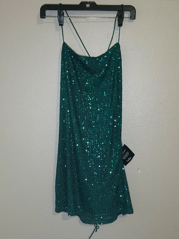 NEW Lulu’s Green Sequins Strappy Open Back Bodycon Mini Dress Womens Size Medium - Image 4