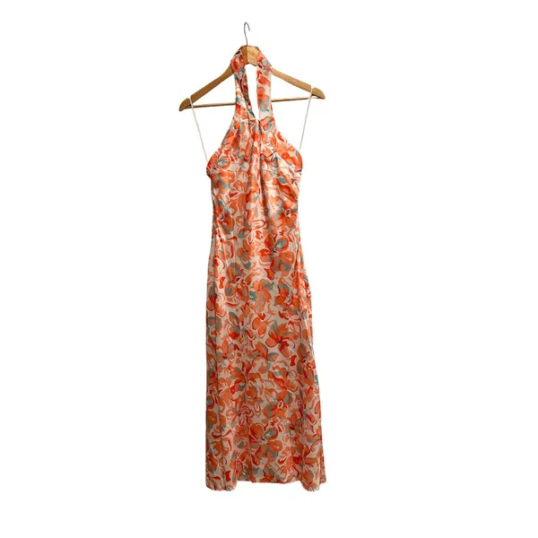 NWT All About May Orange Floral Halter‎ Midi Dress Size US 2 Vacation Open Back - Image 2