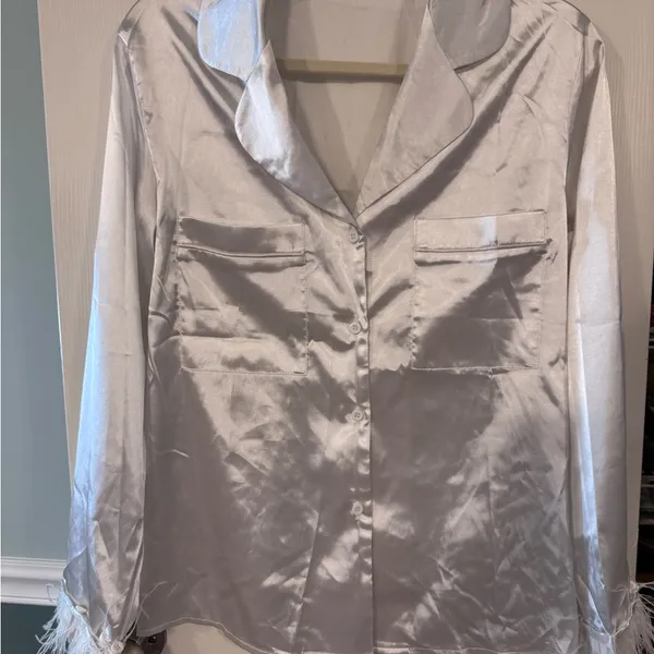 Sleek White Satin Button-Up Blouse and Shorts Pajama Set - Image 2