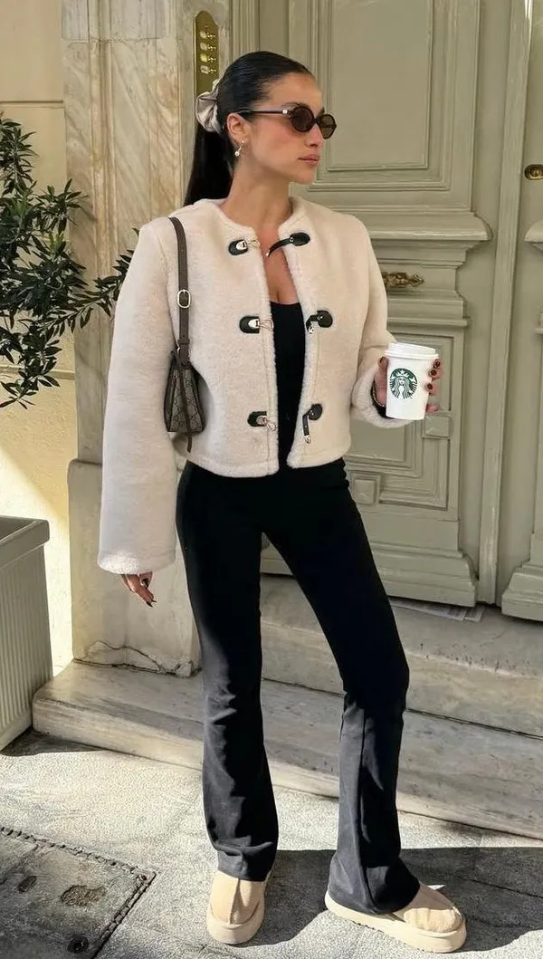 Zara Jacket coat teddy fur ivory cream cropped toggle - Image 11