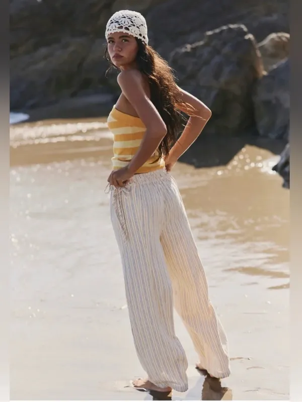 Free People Sun Dazed Cotton-Linen Striped Pants in Ivory Combo L - Image 8