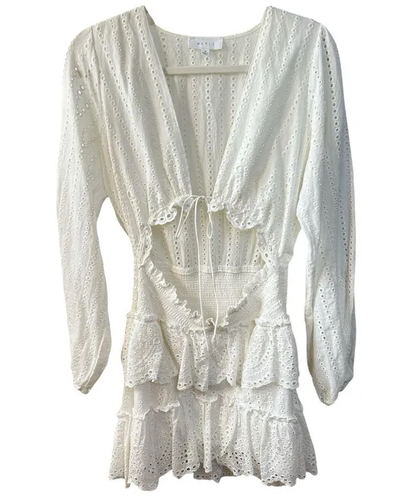 Mable White Eyelet Ruffle Mini Dress White Size Medium Boho Western Bachelorette - Image 3