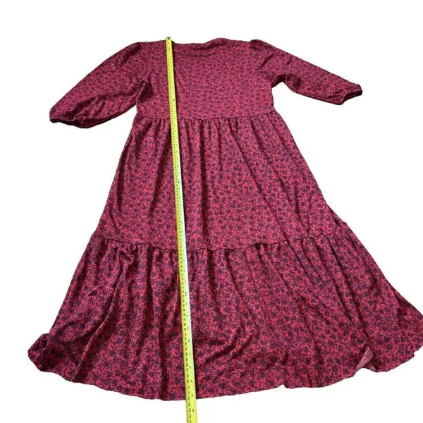 ZARA Red Black Dainty Floral 1/4 Sleeves Tiered Maxi Dress Womens Size Small S - Image 7