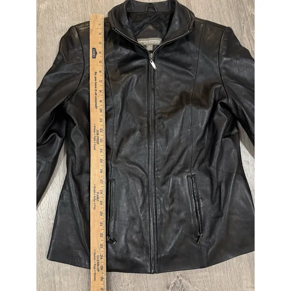Valerie Stevens Black Lamb Leather Jacket Womens Medium Zip Front Mock Neck Coat - Image 4