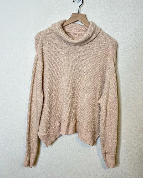 Free People We The Free Tommy Turtleneck Textured Sweater Toasted Almond Beige M - Image 5