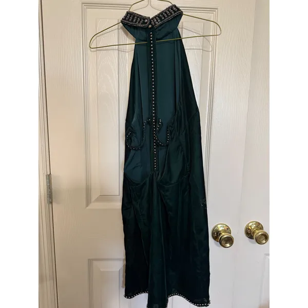 NBD Dark Green Velvet Studded Halter Mini Dress Open Back Scalloped Hem Small - Image 4