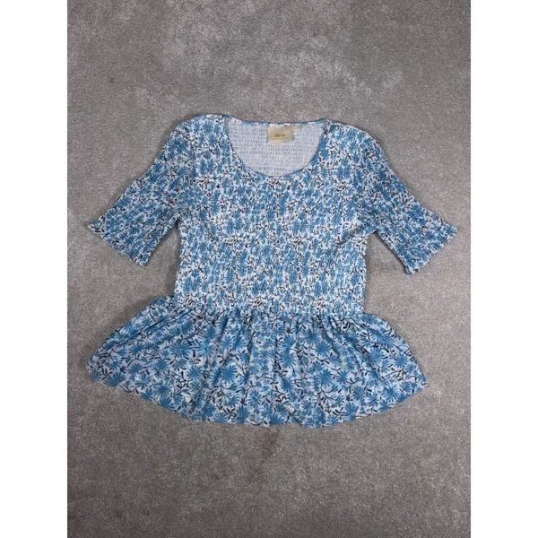 Anthropologie Maeve Ashton smocked peplum top blue‎ floral - Image 3