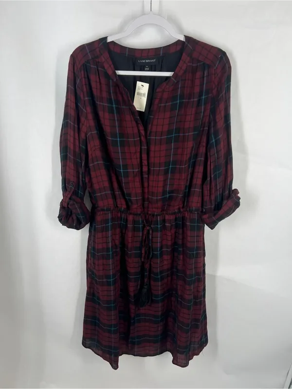 NWT Lane Bryant Plaid Drawstring Waist Dress Burgundy Black Size 18 - Image 2