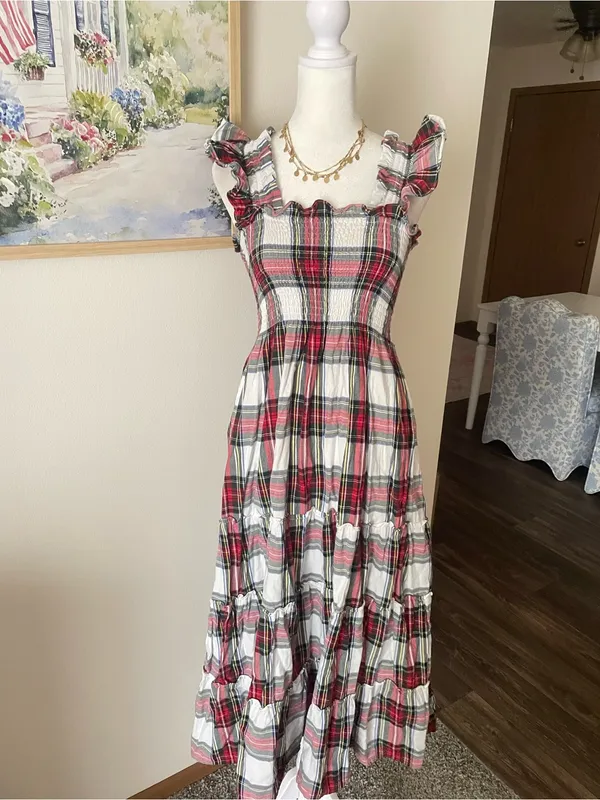 Angele H Paris The Elisabeth Tiered Stewart Tartan Plaid Midi Dress Medium - Image 2