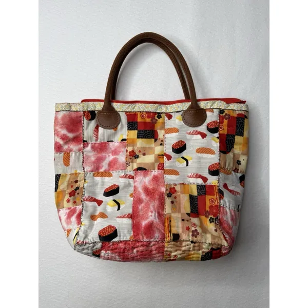 Patchwork Quilted Tote Bag Floral Sushi Patterns Handmade Boho Cottagecore Red - Image 2