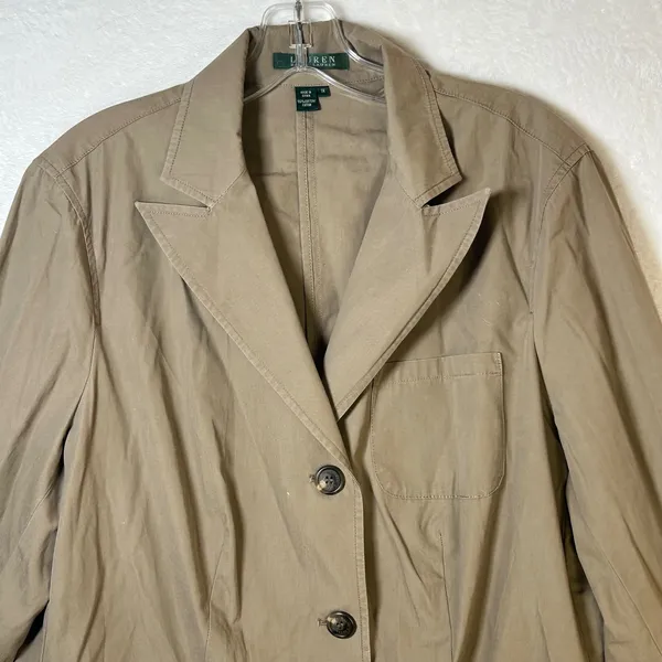 Lauren‎ Ralph Lauren Khaki Tan 100% Cotton 3-Button Blazer Jacket Womens Size 1X - Image 3