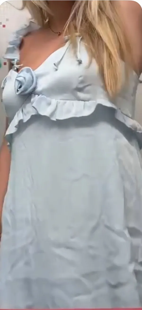 Light blue dress with ruffled sleeves and rose on the front - Image 2