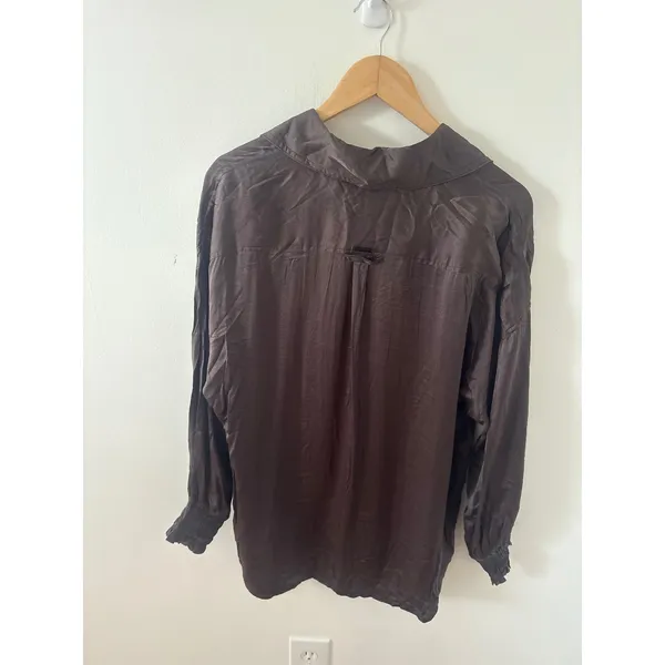 AllSaints Brown Silk Blend Button Down Blouse Smocked Cuff Top US 2 - Image 4