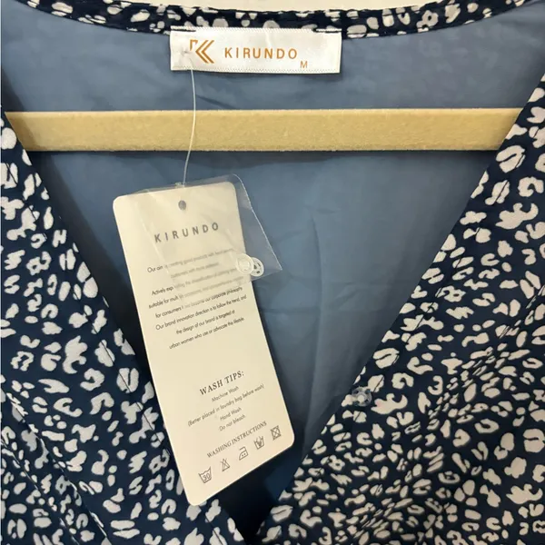 NWT!! KIRUNDO V-Neck Ruffle Abstract Floral Print Dress in Blue & White - Image 10